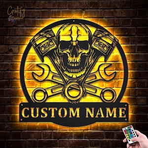 Custom Car Mechanic Workshop Name Sign - LED Skull Garage Metal Wall Art for Home Decoration, a Unique Gift for Car Lovers