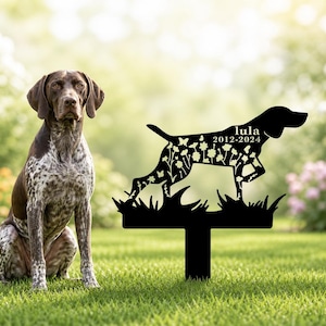 May include: A German Shorthaired Pointer dog sits next to a black metal garden stake. The stake is in the shape of a dog with floral cutouts and the name "Lula" and dates "2012-2024". The dog has brown and white speckled fur.