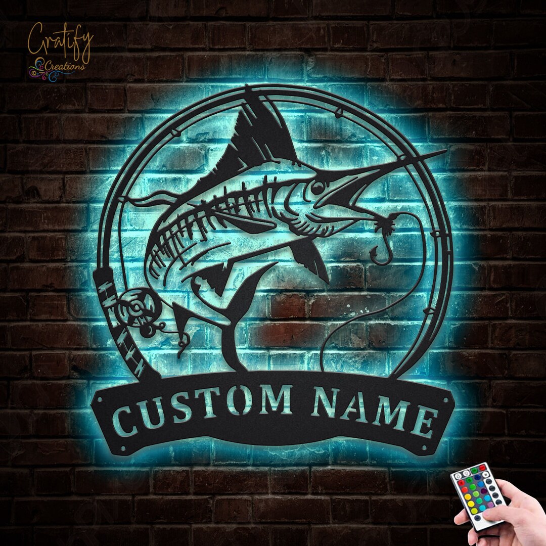 Swordfish Fish Pole Monogram Metal Sign LED Lights Custom Etsy