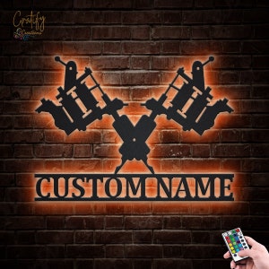 Custom Tattoo Machine Metal Wall Art With LED Lights, Personalized Tattoo Machine Sign, Tattoo Machine Metal Wall Decor, Tattoo Wall Hanging