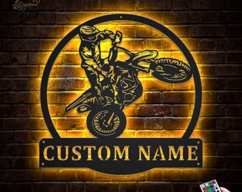 Custom Motocross Dirt Bike Monogram Metal Wall Art With LED Lights, Personalized Motocross Biker Metal Signs, Dirt Bike Metal Wall Decor