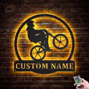 BMX Biker Metal Sign LED Lights v2, Custom BMX Cycle Sport Metal Sign, Biker Neon Metal Wall Decor, Bikers Wall Hanging For Decoration