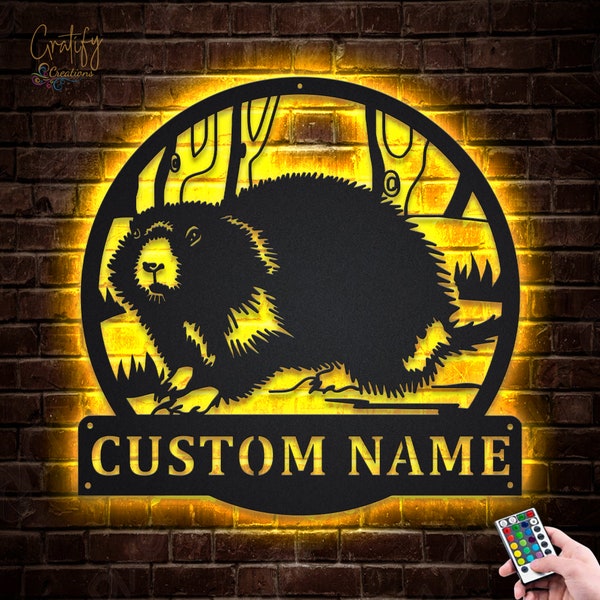 Groundhog Animal Metal Wall Art LED Lights, Custom Groundhog Metal Sign, Groundhog Neon Wall Decor, Groundhog Whale Name Kid