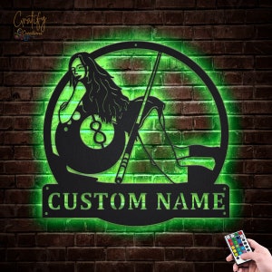 Benutzerdefinierte Billard-Metallschild-LED-Leuchten, personalisierte Billard-Neonmetallzeichen, Billard-Wandkunst, weibliche Pool-Player-Metallwand