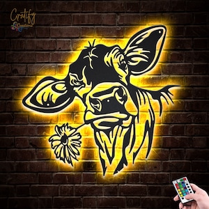 Dairy Cow Flower Farmhouse Metal Wall Art LED Light Funny Calf Farm Sign Home Decor Heifer Barn Nursery Decoration Xmas