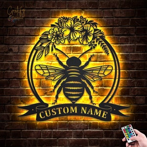 Bee Metal Sign LED Lights v2, Custom Honey Bee Metal Sign, Bee Honeycombs Metal Wall Decor, Bee Wall Hanging For Decoration