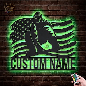 Skiing Metal Wall Art LED Lights v10, Custom Snow Skiing Metal Sign, Snow Skiing Neon Metal Decor, Skier Wall Hanging For Decoraton