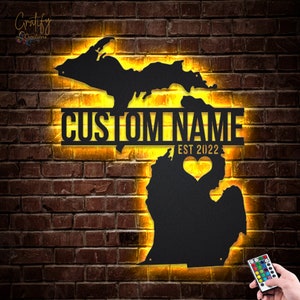 Michigan State Map Metal LED Lights, Custom Michigan Metal Wall Art, Born In Michigan Neon Sign Wall Decor, Michigan  Sign
