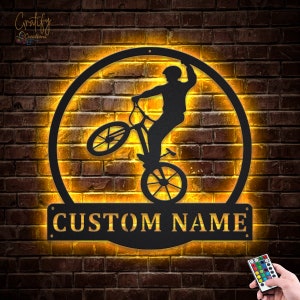 BMX Biker Metal Sign LED Lights v5, Custom BMX Cycle Sport Metal Sign, Biker Neon Metal Wall Decor, Bikers Wall Hanging For Decoration