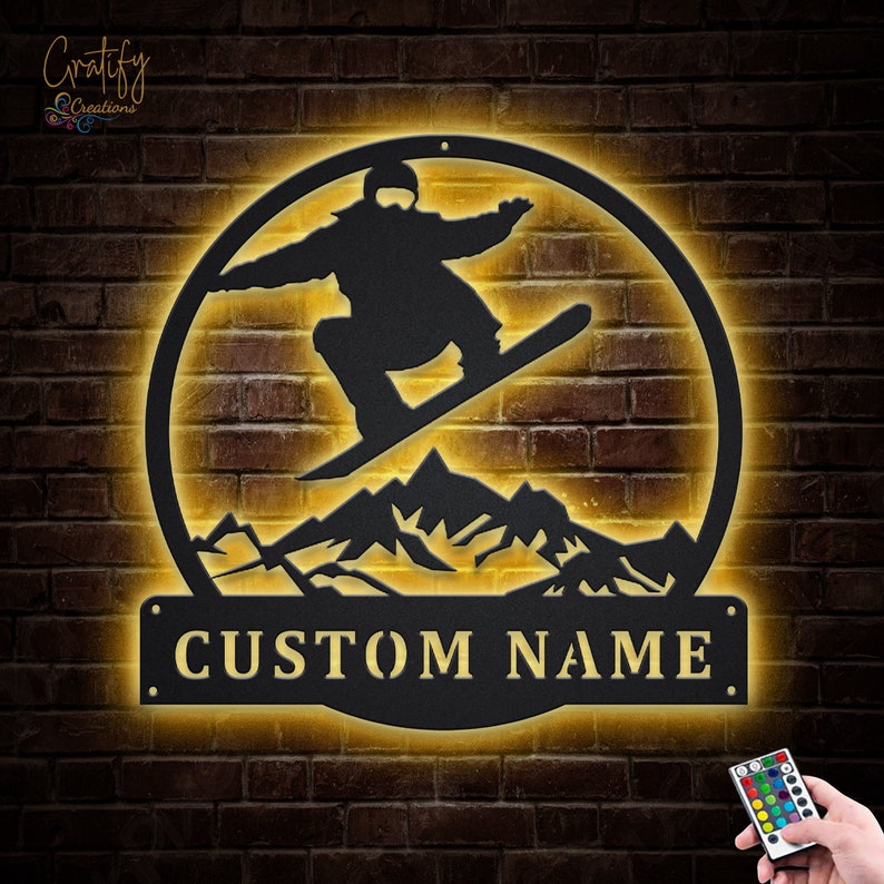 Custom Snowboarding Metal Sign With LED Lights, Personalized Snowboarding Sign, Snowboard Name Sign, Winter Sport Lover Wall Hanging image 4