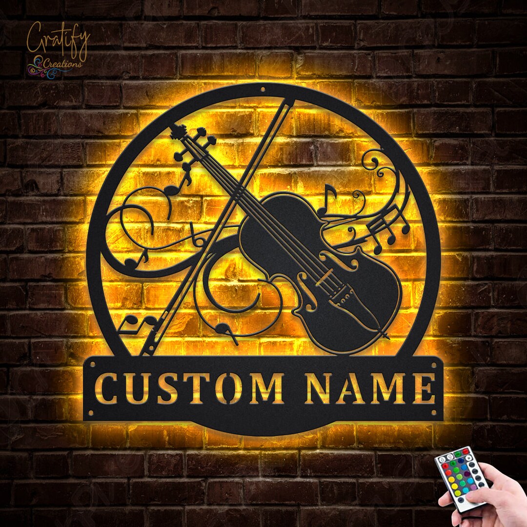 Violin Monogram Metal Sign With LED Lights, Custom Violin Metal Sign ...