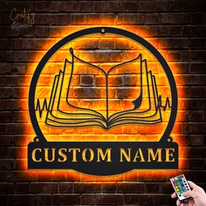 Book Metal Wall Art LED Lights v2, Custom Book Fans Metal Signs, Book Neon Metal Wall Decor, Book Wall Hanging For Decoration