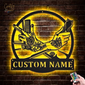 Hair Hustler metalen bord ledverlichting v6, custom Hair Hustler metalen bord, Hair Hustler neon muur decor, stylist kamer decor, kapperszaak kunst