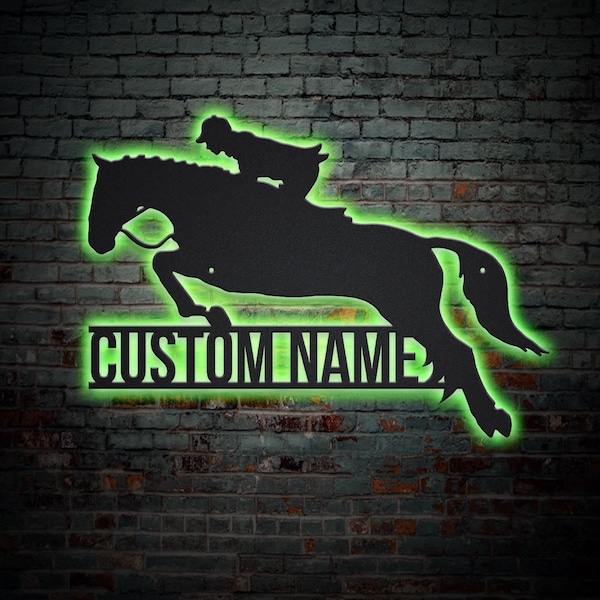 Horse Show Jumping Metal Sign LED Lights v2, Custom Show Jumping Metal Sign, Show Jumping Custom Sign Home Decor