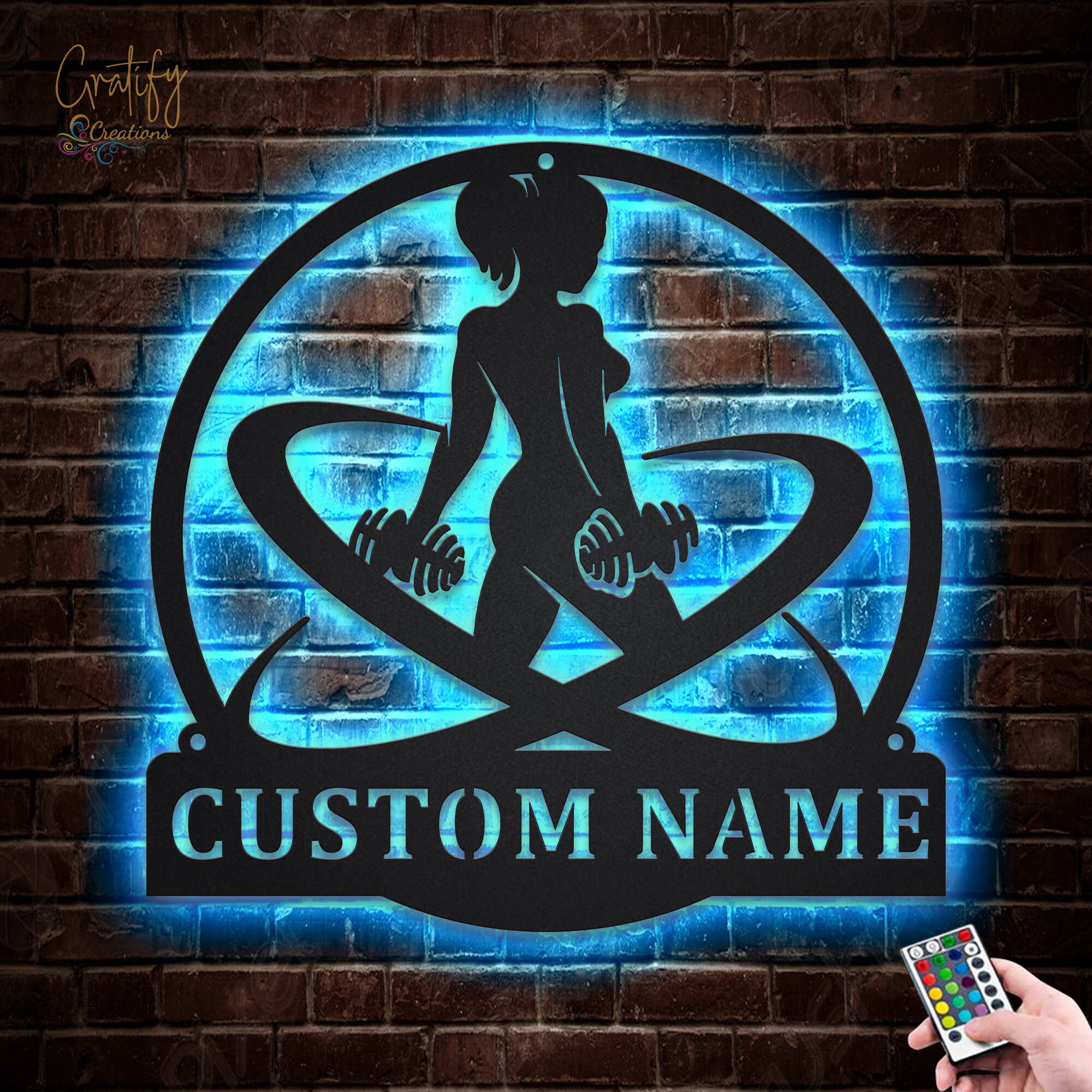Women Fitness Metal Sign LED Lights v6, Custom Bodybuilder Metal Sign, Female Bodybuilder Neon Sign, Gym Room WeightLifting