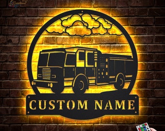 Fire Truck LED Metal Wall Sign, RGB Color Changing Art, Firefighter Gift, Fire House Decor