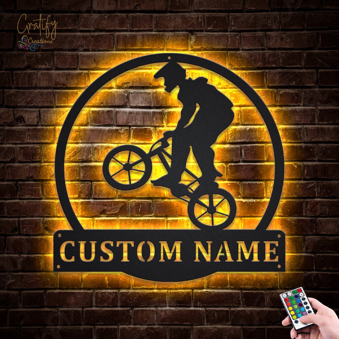 BMX Biker Metal Wall Art LED Lights V1, Custom BMX Cycle Sport Metal ...