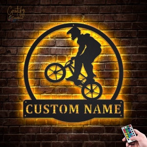 BMX Biker Metal Wall Art LED Lights v1, Custom BMX Cycle Sport Metal Sign, Bmx Biker Neon Sign, Bicycle Motocross Sign Metal Wall Decor