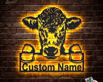 Custom Cow Metal Wall Art LED Lights, Personalized Cow Farm Metal Sign, Cow Farm Name Sign, Cow Wall Hanging For Decorations Farm Sign Decor
