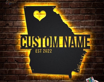 Georgia State Map Metal Sign LED Lights, Custom Georgia State Map Metal Wall Art, Born In Georgia Neon Sign Wall Decor, Georgia State Neon