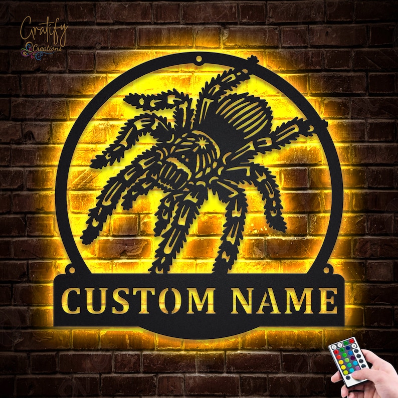 Spider Metal Sign Art LED Lights v3, Custom Tarantula Metal Wall Art Sign, Tarantula Neon Metal Wall Decor, Spider Wall Hanging image 1