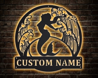 Custom Mermaid LED Metal Wall Sign, RGB Color Changing Coastal Home Decor, Beach House Art