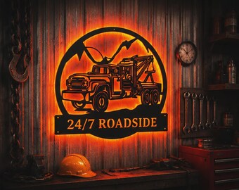 Custom Tow Truck Metal Wall Art With LED Lights, Personalized Tow Truck Metal Signs, Garage Metal Wall Decor, Tow Truck Wall Hanging