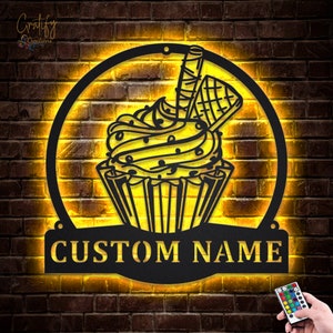 Cupcake Metal Wall Art LED Lights v3, Custom Cupcake Metal Sign, Cupcake Bakery Neon Metal Wall Decor,Bakery Kitchen Wall Hanging
