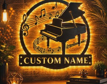 Plaque murale LED personnalisée avec monogramme de piano, décoration de studio de musique à couleurs changeantes RGB, cadeau pour pianiste