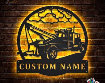 Custom Tow Truck Metal Wall Art LED Lights v2, Custom Tow Truck Metal Signs, Garage Metal Wall Decor, Tow Truck Wall Hanging