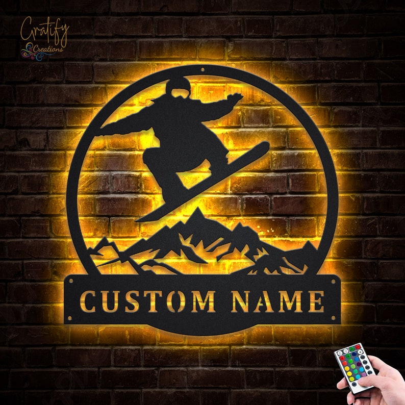 Custom Snowboarding Metal Sign With LED Lights, Personalized Snowboarding Sign, Snowboard Name Sign, Winter Sport Lover Wall Hanging image 1