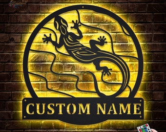 Lizard Gecko Metal Sign LED Lights v2, Custom Gecko The Lizard Metal Sign, Gecko Name Sign Kid Nursery Decoration, Gecko Neon Wall Decor