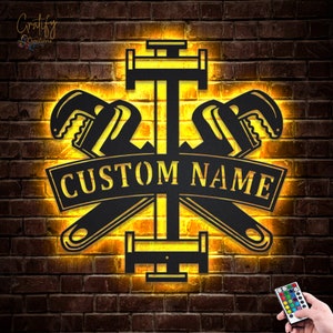 Plumbing Metal Sign LED Lights v2, Custom Plumbing Metal Sign, Plumber Neon Metal Wall Decor, Plumbing Home Decor,