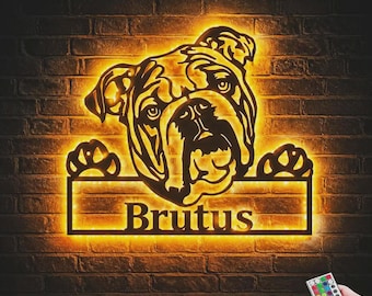 Custom English Bulldog Metal Wall Art LED Light, Personalized Bulldog Metal Signs, Dog Lover Name Metal Wall Decor, Dog Wall Hanging