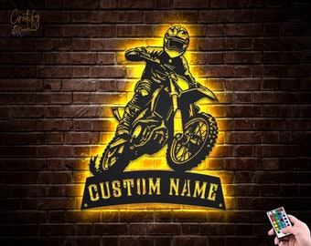 Aangepaste metalen bord crossmotor, led-crossmotor metalen muurkunst, gepersonaliseerd naambord motorrijder, decor motorcrosser, motorrijder cadeau
