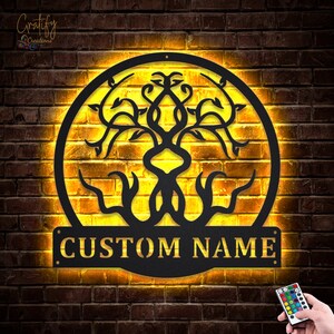 Roots Tree familie metalen bord ledverlichting v10, aangepaste familie metalen borden, levensboom neon metalen decor, levensboom muur hangen