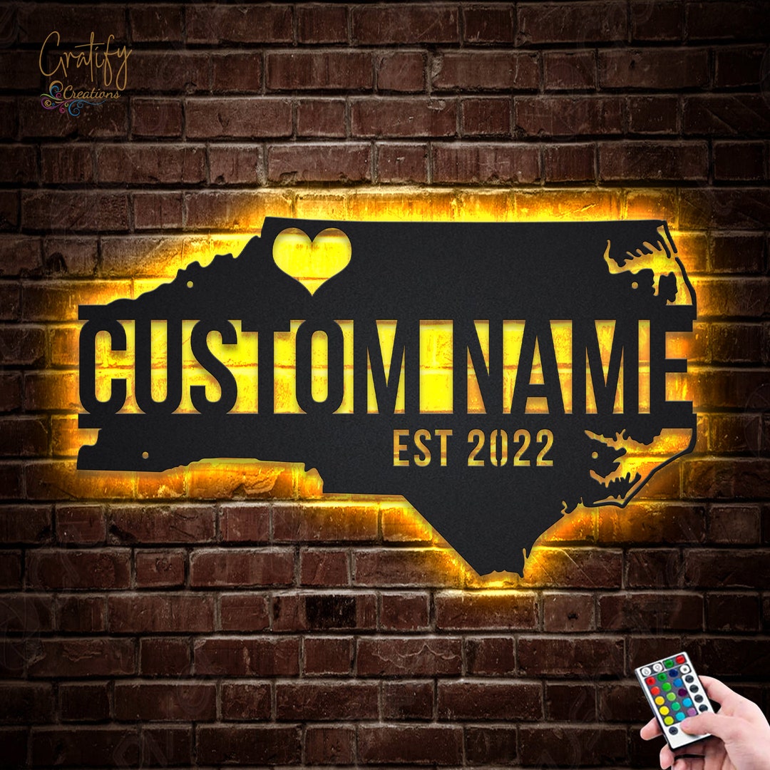 North Carolina State Map Metal LED Lights, Custom North Carolina Metal