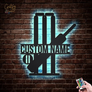 Cricket Stump Sport Metal Wall Art LED Lights v4, Custom Cricket Sport Metal Signs, Cricket Neon Metal Decor, Cricket Wall Hanging