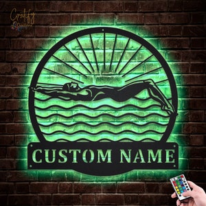 Female Swimmer Metal Sign LED Lights v1, Custom Swimming Metal Sign, Swimmer Player Neon Sign, Swim Coach Neon Metal Wall Decor image 3