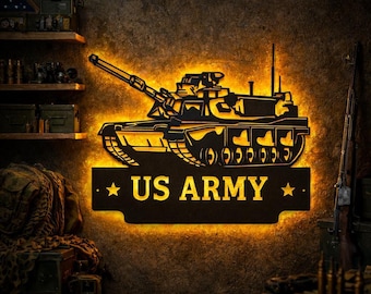 Anpassad metallskylt för amerikansk militär stridsvagn med LED-lampor, personliga metallskyltar för amerikansk militär stridsvagn, väggdekoration för militär stridsvagn för dekoration