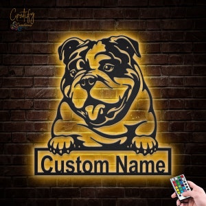 Custom English Bulldog Dog Metal Wall Art LED Light v2, Personalized Bulldog Metal Sign, Dog Name Metal Wall Decor, Dog Lover Wall Hanging