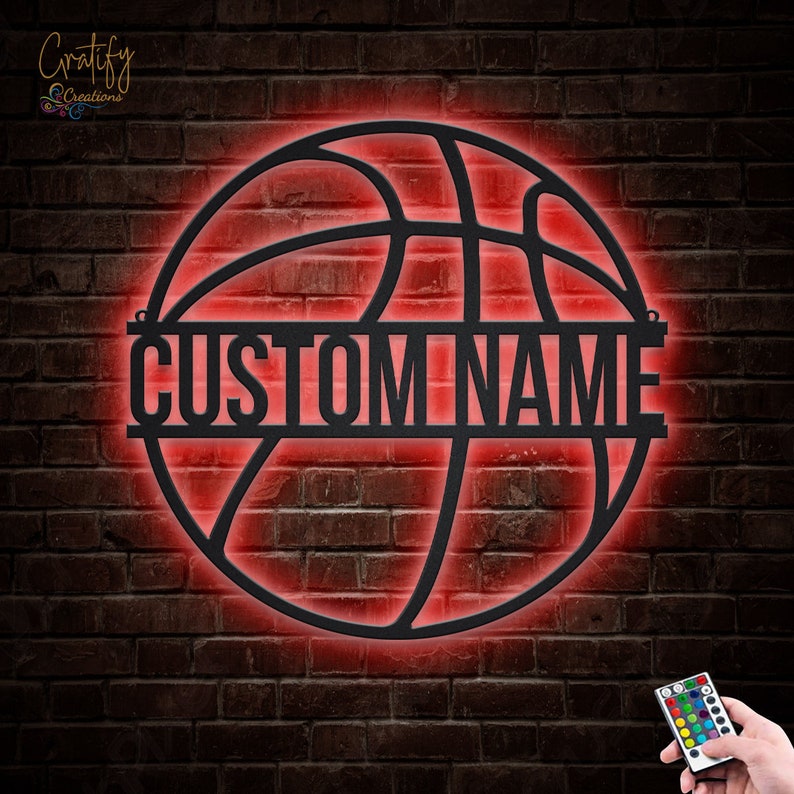 Custom Basketball Monogram Metal Sign With LED Lights , Personalized Basketball Metal Wall Art LED RGB, Basketball Neon Metal Wall Decor