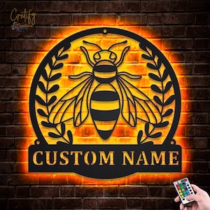 Bee Metal Sign LED Lights v8, Custom Honey Bee Metal Sign, Bee Honeycombs Metal Wall Decor, Bee Wall Hanging For Decoration