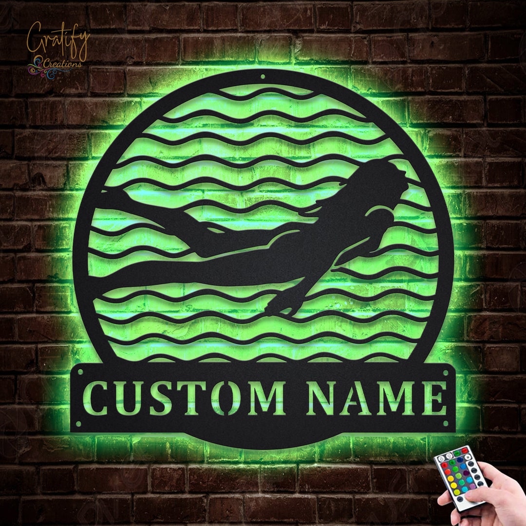 Female Swimmer Metal Sign LED Lights V6, Custom Swimming Metal Sign ...