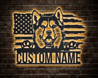Placa de metal personalizada para cachorro Husky Siberiano dos EUA com luzes LED, placa de metal personalizada para cachorro Husky Siberiano, placa com nome do cachorro, decoração de parede para cachorro Husky