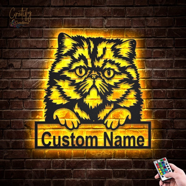 Persian Cat Metal Sign LED Lights v2, Custom Persian Cat Metal Sign, Persian Cat Neon Metal Wall Decor