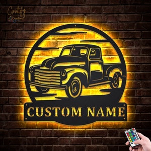 Luci LED da parete in metallo per camion vecchi, cartello in metallo per camion personalizzato, decorazione da parete in metallo al neon con nome del camion, cartello al neon per camionista americano