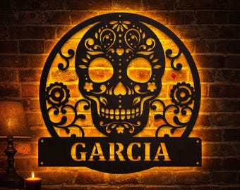 Sugar Skull LED Metal Sign | Personalized Skull Name Sign Wall Decor