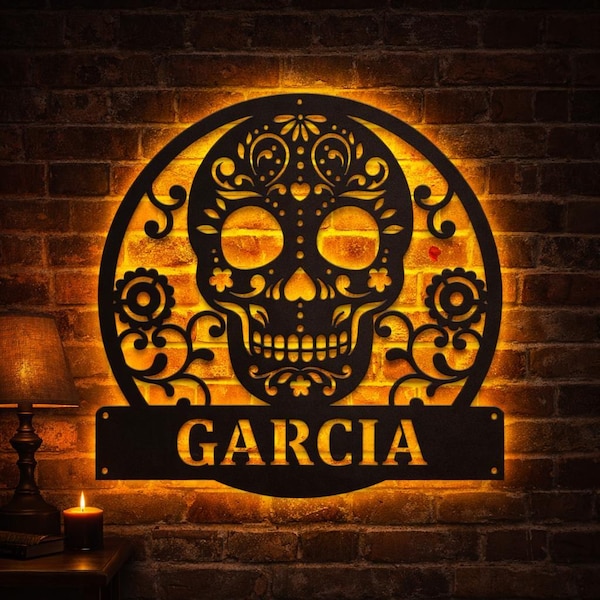 Sugar Skull LED Metal Sign | Personalized Skull Name Sign Wall Decor