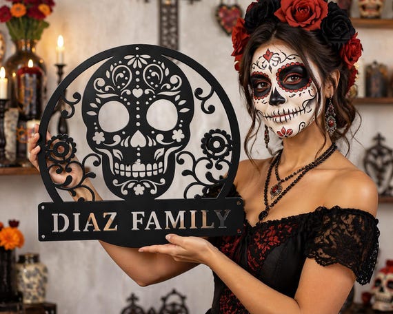 Custom Sugar Skull Metal Sign | Personalized Monogram Skull Wall Art